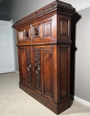 French Antique Gothic Bookcase Storage Cabinet Console in Walnut Wood - Image 1 of 4