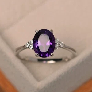 2.15 Ct Oval Cut Real Amethyst Diamond Engagement Wedding Ring 14K White Gold - Picture 1 of 10