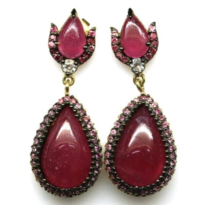 925 Sterling Silver 12 x 19 mm. Red Ruby, Sapphire & Zircon Earrings - Picture 1 of 4