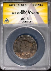 1822 1c Coronet Head Large Cent AG 3 Details ANACS # 7577375 + Bonus - Picture 1 of 2