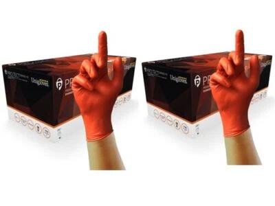 UNIGLOVES 2 Boxes (200 Gloves) PRO.TECT Orange Heavy Duty Orange Nitrile Diamond Textured