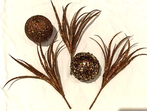 2 Orbs 3 Feather Floral Picks Brown Gold Swag Balls Christmas Holiday Decor DIY - Picture 1 of 12