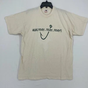 Vintage Graphic T-Shirt Fruit of the Loom Size XL Ivory Here Fishy Single Stitch - Picture 1 of 11