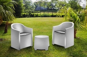 SET SALOTTO LUNA 2 POLTRONE + TAVOLINO BIANCO CON CUSCINI GIARDINO BALCONE - Bild 1 von 2