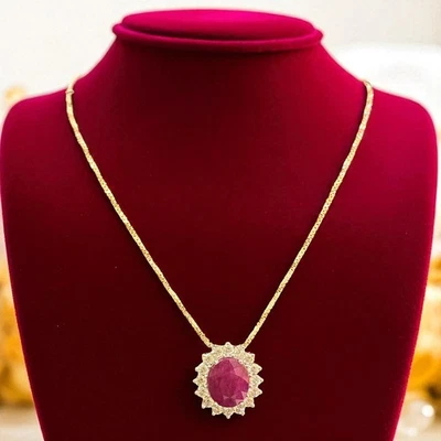 Pave 7.45 TCW F/VS1 Round Brilliant Cut Natural Diamonds Ruby Necklace 14ct Gold - Image 1 of 4