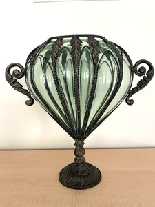 1800's Antique Rare Murano Green Blown Glass Urn Vase Wrought Iron Frame Cage - Picture 1 of 11