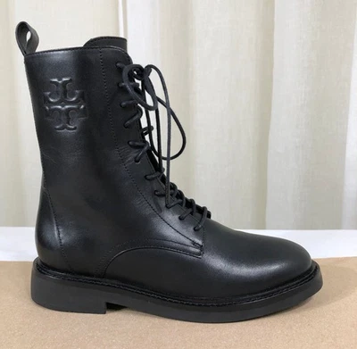 NEW TORY BURCH Double-T Logo Leather Lace-Up Combat Boot US 7 Perfect Black $428 - Image 1 of 4