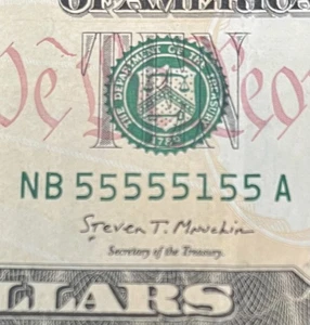 NEAR SOLID NB 55555155 A $10 Binary 7 of a Kind Fancy Serial Number 2017 Series - Picture 1 of 5