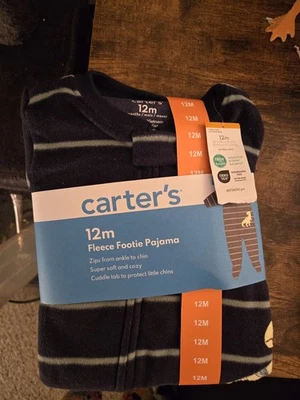 Carter's Fleece Footie Pajamas, 12 M, NEW w/tags, Blk/White Striped - Image 1 of 2