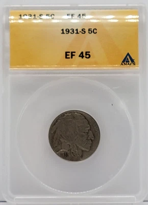 1931-S Buffalo Nickel 5c - Graded ANACS EF45 - Image 1 of 4