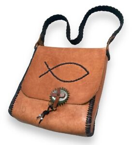 Vintage Leather Bible Bag Large Messenger - Hand Tooled - Ichthys Christian