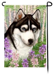 Spring Flowers Garden Flag - Blue-Eyed Black and White Siberian Husky - Picture 1 of 1