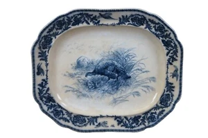 Antiguo plato para servir carne de pavo azul flujo siglo XIX Inglaterra 24" - Imagen 1 de 13