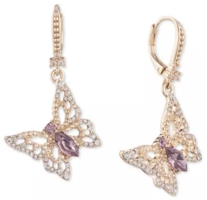 Marchesa Gold-Tone Purple Butterfly Pave Drop Earrings Leverback NWT - Picture 1 of 4