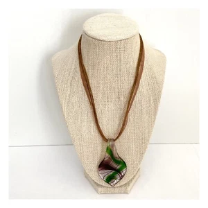 HANDARBEIT Band/Kordel Halskette grün/braun Lampwork Glas Murano Anhänger - Bild 1 von 5