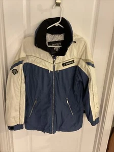 Descente - Full Zip Hide Away Hooded Coat - Blue White Beige - Ladies Size 6 - Picture 1 of 12