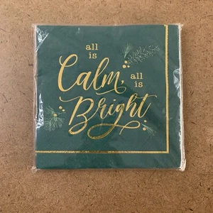 All Is Calm All Is Bright Green Gold Foil Holiday Luncheon Napkins 16 Pieces NWT - Picture 1 of 2