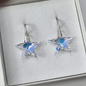 925 Sterling Silver Star Earrings 20mm Aurora AB Austrian Crystals Gift Box - Picture 1 of 7