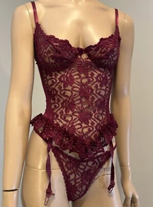 Vintage Faris 1980s Burgundy Sexy Lace Lingerie Set Sz M - Picture 1 of 11