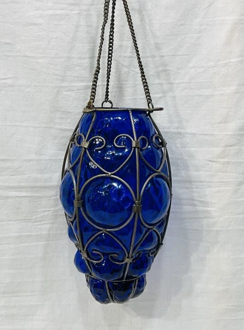 Vintage Hand Blown Cobalt Blue Murano Bubble Glass Caged Hanging Lantern Pendant Cover