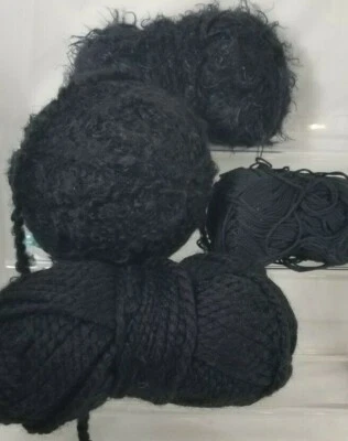 4 Black Yarn Skein Ball LOT different types 8 oz total - Image 1 of 4