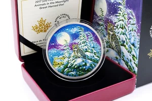KANADA -  2 oz Animals in the Moonlight Great Horned Owl Silber PP Color 2017 - Bild 1 von 6