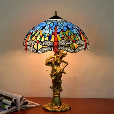 Tiffany Mosaic Glass Table Desk Lamp with Antique Bronze Lady Figurine Sculpture - Image 1 of 4