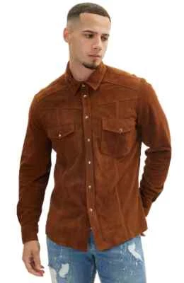 Luxury Men's Dark Tan Lambskin Suede Shirt Custom Made Men Suede Shirt - Image 1 of 4