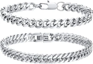 2 Pcs Chain Bracelet for Men Women ,Sturdy Stainless Steel Cuban Link,7.5 Inches - Picture 1 of 6