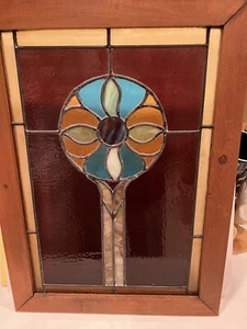 Vintage Stained glass Vibrant Colors Flower window 23”x 16 X 1.5 Wood Framed - Picture 1 of 16