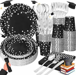 168Pcs Black and Silver Party Decorations, Black Plates, Black Party Plates Seve - Picture 1 of 12