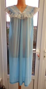 Z49 VTG CO-OP SHEER BLUE NYLON WHITE FRILL LACE 70'S NIGHTDRESS 34-36" 10/12 - Picture 1 of 14