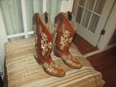 Sergal Cowgirl Leather Floral Rhime Stone Embroidered Boots Women's 7 Mex 24 - Image 1 of 4