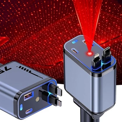 Caricatore da auto retrattile 4 in 1 Carica Rapida 120W Con Cavo USB C Ligtning - Immagine 1 di 4