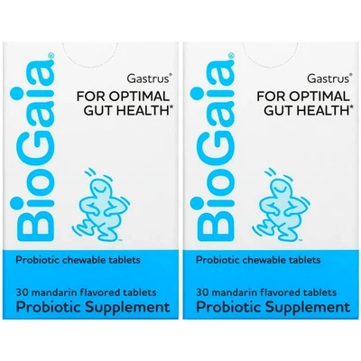 BioGaia, Gastrus, (pacote com 2) para trato gastrointestinal, sabor mandarim, 30 comprimidos mastigáveis - Imagem 1 de 3