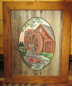 Hand Painted on Fabric Artwork Mill & Water Wheel Scene Wormy Chestnut Frame - Picture 1 of 5