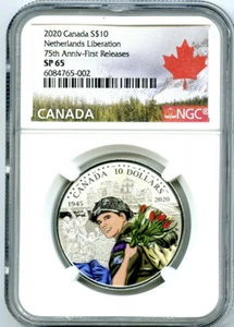 2020 $10 CANADA SILVER 75TH NETHERLANDS LIBERATION NGC SP65 FIRST RELEASES - Picture 1 of 2