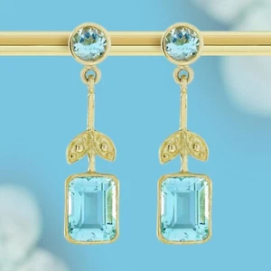 9K Yellow Gold Natural Blue Topaz Vintage Style Drop Earrings - Picture 1 of 6