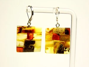 Baltic Amber Mosaic Dangle Drop Earrings Multicolor Natural Stone Genuine 6517 - Picture 1 of 7