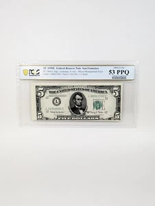 1950-E $ 5 Fehlernotiz USA FRN San Francisco PCGS AU55 EPQ Fehlausrichtung FEHLER - Bild 1 von 8