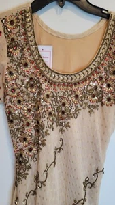 Indian Anarkali Pakistani Midi Dress Red Gold Beige Beaded Sequin Layered New - Picture 1 of 8