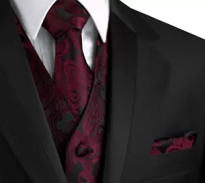MEN'S BERRY PAISLEY TUXEDO VEST, TIE & HANKIE SET WEDDING FORMAL PROM HOMECOMING - Picture 1 of 5