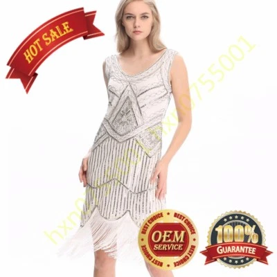 1920s Long Tassel Dress Deco Gatsby Vintage Sequin Cocktail Party Ball Gown 4-20 - Image 1 of 4