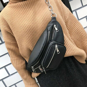Women's Fanny Pack Purse Shoulder Chest Waist Bag Chain Zipper PU Leather Black