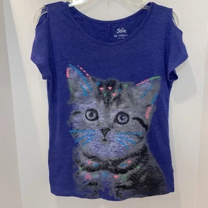 Justice Kitty Cat Tee Shirt Blue Girl’s Size 14 - Picture 1 of 19