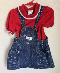VTG OshKosh B’Gosh Denim Printed Vestbak Jumper Skirt Red Puff Sleeve Tee Sz 3T - Picture 1 of 17