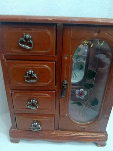 Vintage Wooden Jewelry Box Armoire, 10" Tall, Fabric Lined, Hand-Painted Glass - Picture 1 of 9
