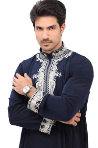 Men’s Traditional Arabic Thobe Long Sleeve Kaftan Robe for Eid Prayer & Wedding - Picture 1 of 24