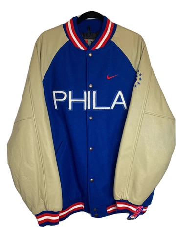 VTG Rewind NIKE NBA Philadelphia 76ers Sixers Leather Varsity Jacket Sz XL Y2K Cover