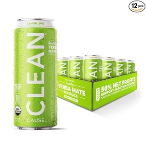 CLEAN Cause Sparkling Yerba Mate – Lemon Lime, 16oz (12-Pack), Organic & Low Cal - Picture 1 of 3